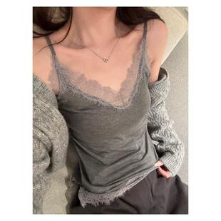 纯棉蕾丝v领吊带背心女春夏季新款大码修身外穿内搭打底无袖上衣