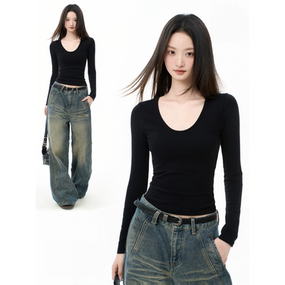 95棉U领长袖打底衫女春秋季新款大码胖mm修身内搭正肩纯色T恤上衣