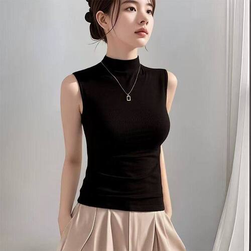 春夏季半高领背心女胖mm大码外穿修身显瘦内搭打底无袖T恤上衣