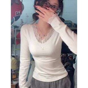 95棉蕾丝v领长袖打底衫女春秋季新款大码胖mm修身外穿内搭T恤上衣