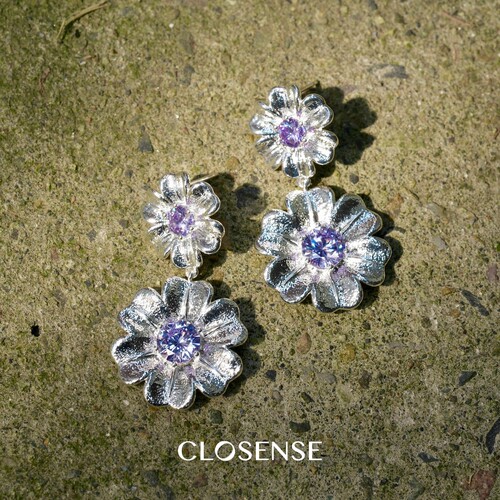 CLOSENSE『星辰对花的告白』原创设计紫锆大花花银色耳饰浪漫主义