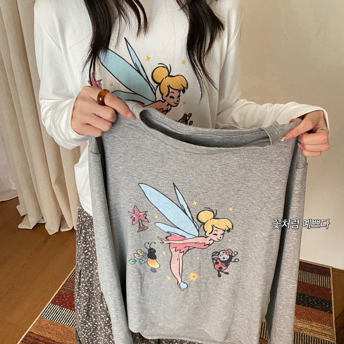 HEY BELLA-韩版花仙子精灵印花无敌吸睛圆领宽松减龄百搭长袖T恤