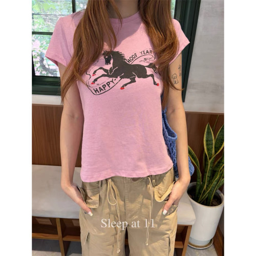 LEMO CHAN-26夏上新曼妙马儿印花短款短袖T恤