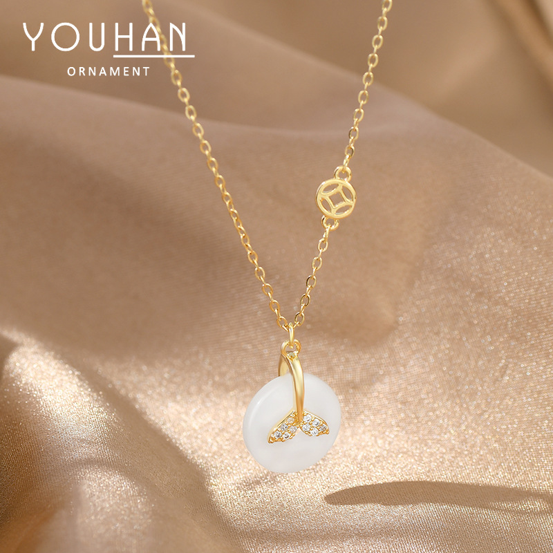 真金电镀镶锆石气质锁骨链女小众设计感仿玉石鱼尾项链isn风颈链