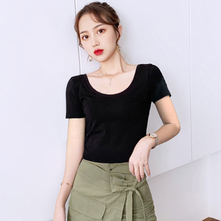 纯棉瑜伽舞蹈练功服短袖女t恤打底衫显瘦半袖U领大圆领口低领上衣