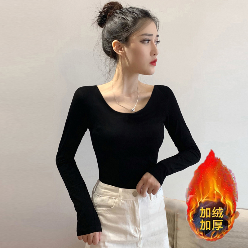 前后U领长袖T恤女大圆领加绒加厚