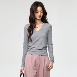 黑色短款长袖t恤女秋冬低领V领鸡心领纯棉打底衫运动舞蹈紧身上衣