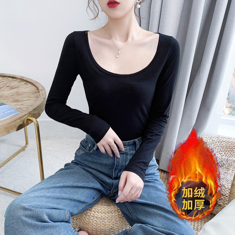 长袖大圆U领低领加绒加厚女纯棉