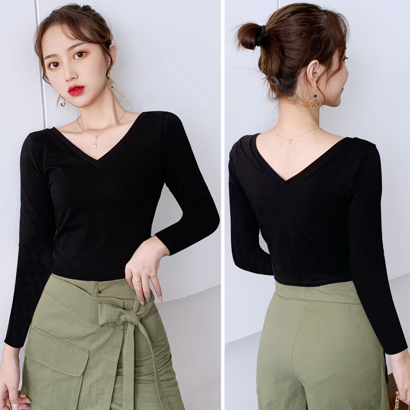 长袖修身显瘦前后V领露背纯棉女