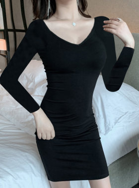 V领长袖连衣裙女性感包臀裙纯棉