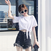 露腰宽松超短款 不规则系带绑带短袖 t恤女运动舞蹈露肚脐小衫 上衣