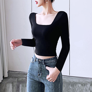 方领黑色长袖T恤女大领低领口露背上衣棉打底衫紧身短款露脐高腰