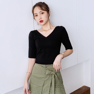 高腰秋纯棉打底衫 V领短款 运动舞蹈紧身上衣 t恤女中袖 不露背五分袖