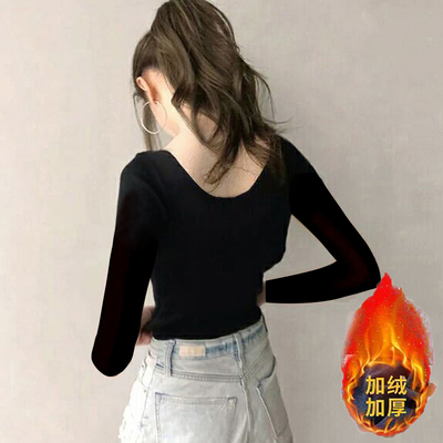 露背长袖女前后双U圆领加绒加厚