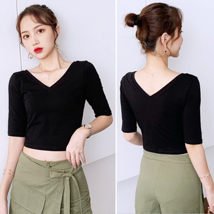 露背五分袖t恤女前后双V领鸡心领低领露肚脐棉打底衫舞蹈紧身上衣