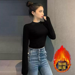 短款黑色长袖T恤女半高领中立领保暖紧身内搭打底衫加绒加厚上衣