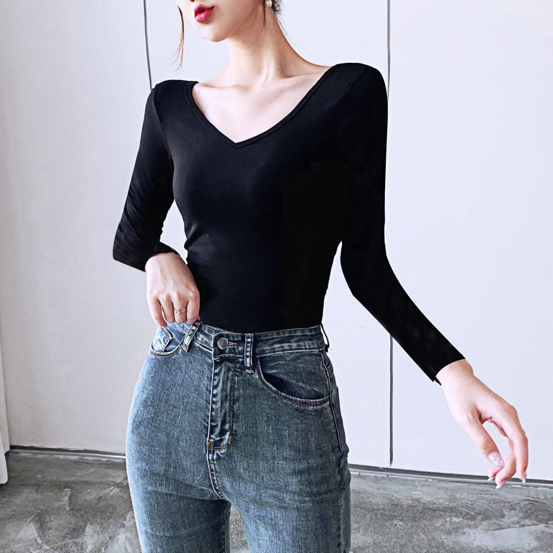 前后大V领长袖T恤女纯棉舞蹈紧身内搭打底衫秋冬装低领口露背上衣