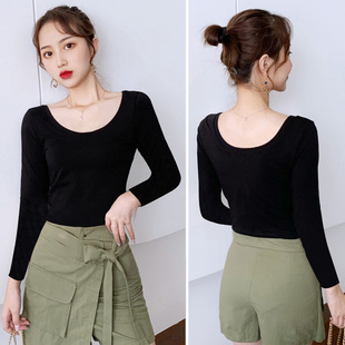 纯棉瑜伽舞蹈练功服长袖女t恤打底衫显瘦露背U领大圆领口低领上衣