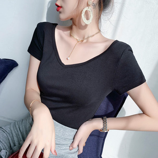 前后双V领短袖t恤女大领口低胸纯棉打底衫运动舞蹈紧身上衣夏露背
