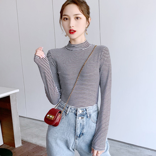 纯棉黑白细横条纹长袖T恤女半高领中立领保暖紧身内搭打底衫上衣
