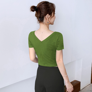 露背短袖t恤女前后双V领短款露脐高腰高级感棉打底衫舞蹈紧身上衣