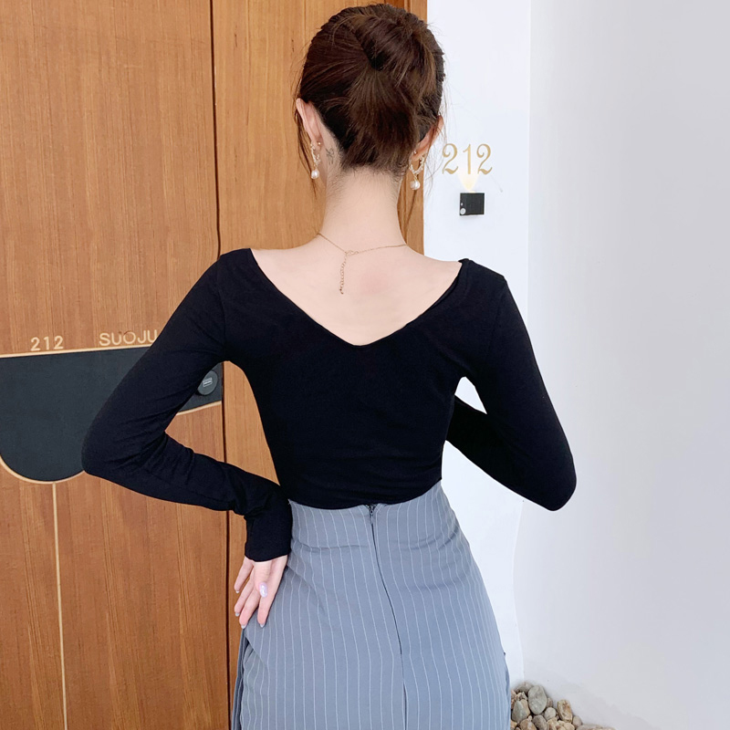 前后V领长袖T恤短款露背纯棉打底