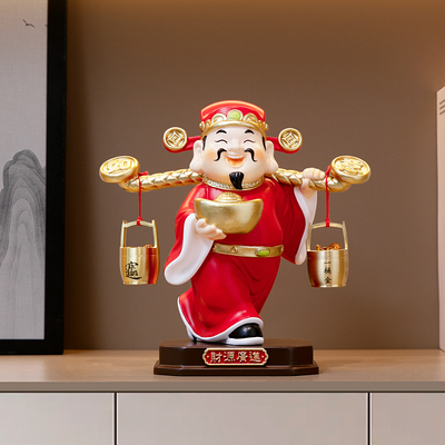 一桶金财神爷家居中式酒柜装饰品乔迁礼物喜庆摆件挑担财神工艺品