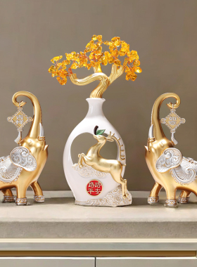 发财树家居玄关装饰路路平安酒柜电视柜大象一对黄水晶摇钱树摆件