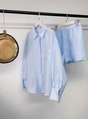 蓝色防晒100苎麻上衣宽松衬衫女套装