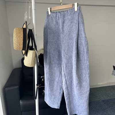 自制-100亚麻斜纹牛仔色松紧腰休闲裤汽球宽松长裤