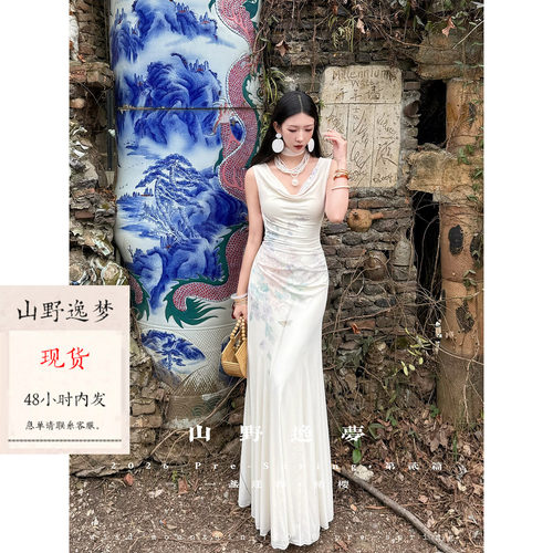 山野逸梦春夏修身显瘦荡领连衣裙