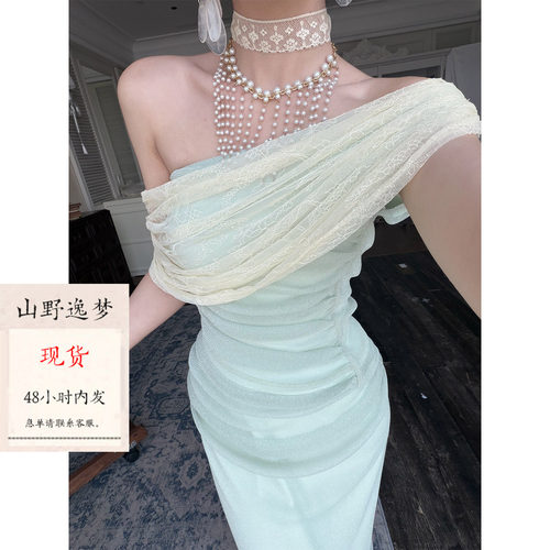 山野逸梦 希腊优雅风斜肩褶皱上衣半身裙女夏气质套装