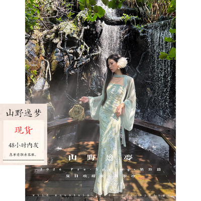 山野逸梦中式刺绣抹胸系带连衣裙