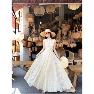 立领掐腰长裙气质显瘦大摆裙 白色蕾丝连衣裙女无袖 山野逸梦 法式