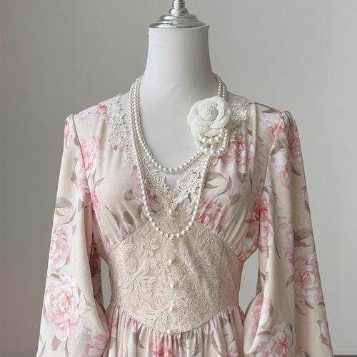 山野逸梦Vintage中古风珍珠项链+可拆卸手工花花