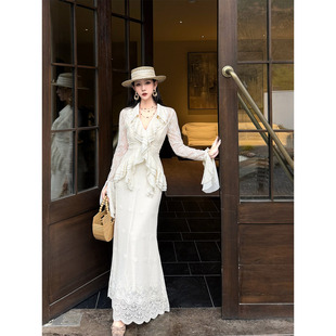 V领半裙套装 山野逸梦2026春夏新款 温柔风蕾丝女长袖 法式 清禾