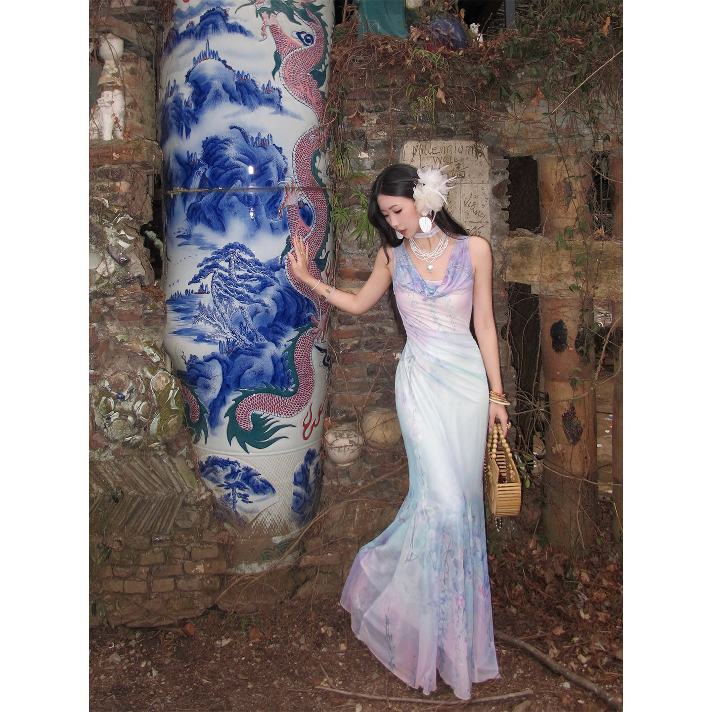 山野逸梦仙女风紫色渐变吊带连衣裙女收腰显瘦鱼尾长裙油画感