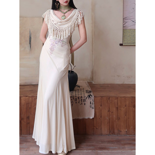 微胖波西米亚鱼尾连衣裙 流苏圆领遮肉大码 现货山野逸梦 紫藤