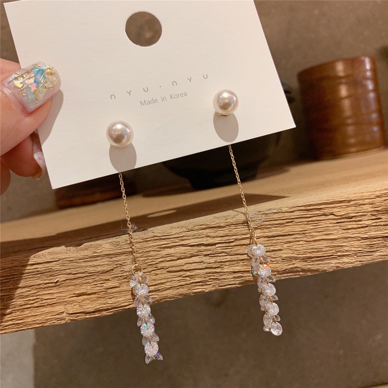 925银针韩国气质珍珠满钻ins网红长款流苏耳钉水晶耳环耳线吊坠