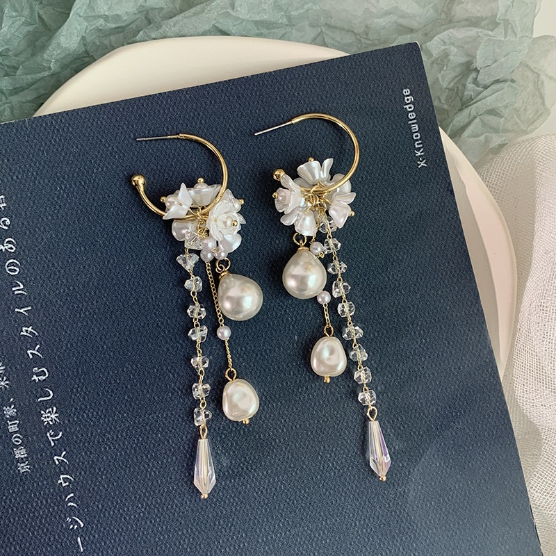 S925银针巴洛克珍珠贝壳耳环女长款气质超仙流苏耳坠夸张个性