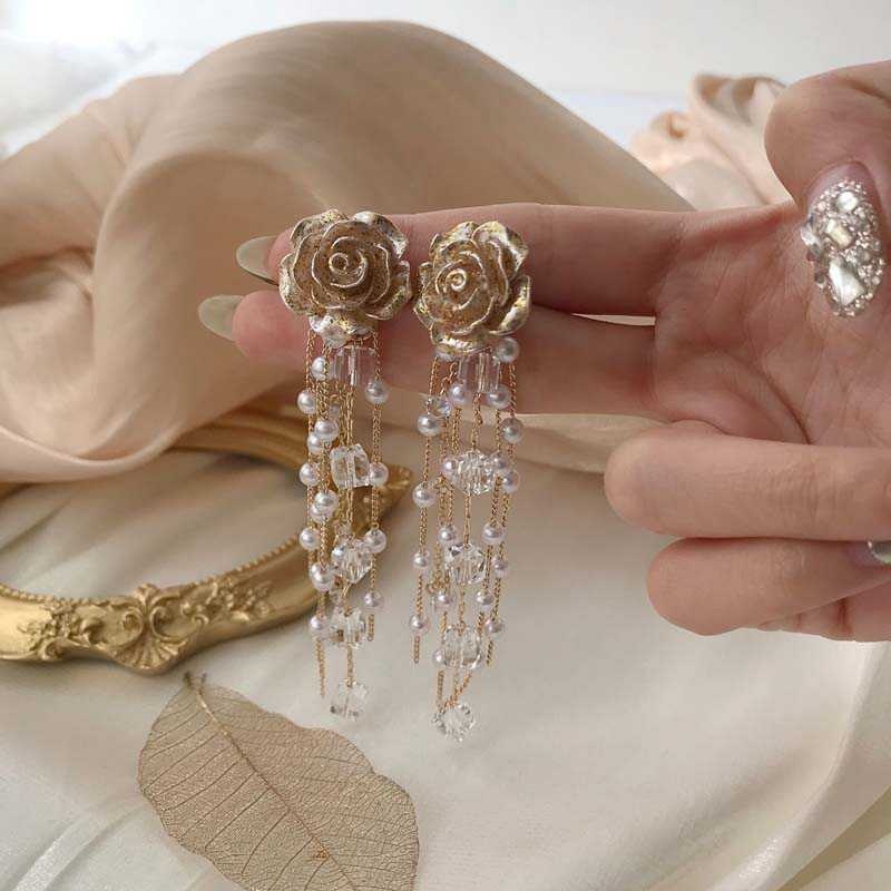 S925银针复古宫廷风珍珠水晶耳环感长款流苏气质花朵水晶耳钉