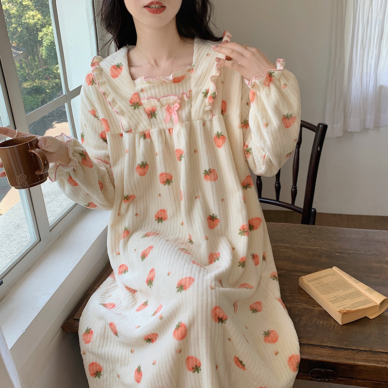 睡裙女款加厚珊瑚绒秋冬季长袖宽松甜美可爱孕妇法兰绒睡衣家居服