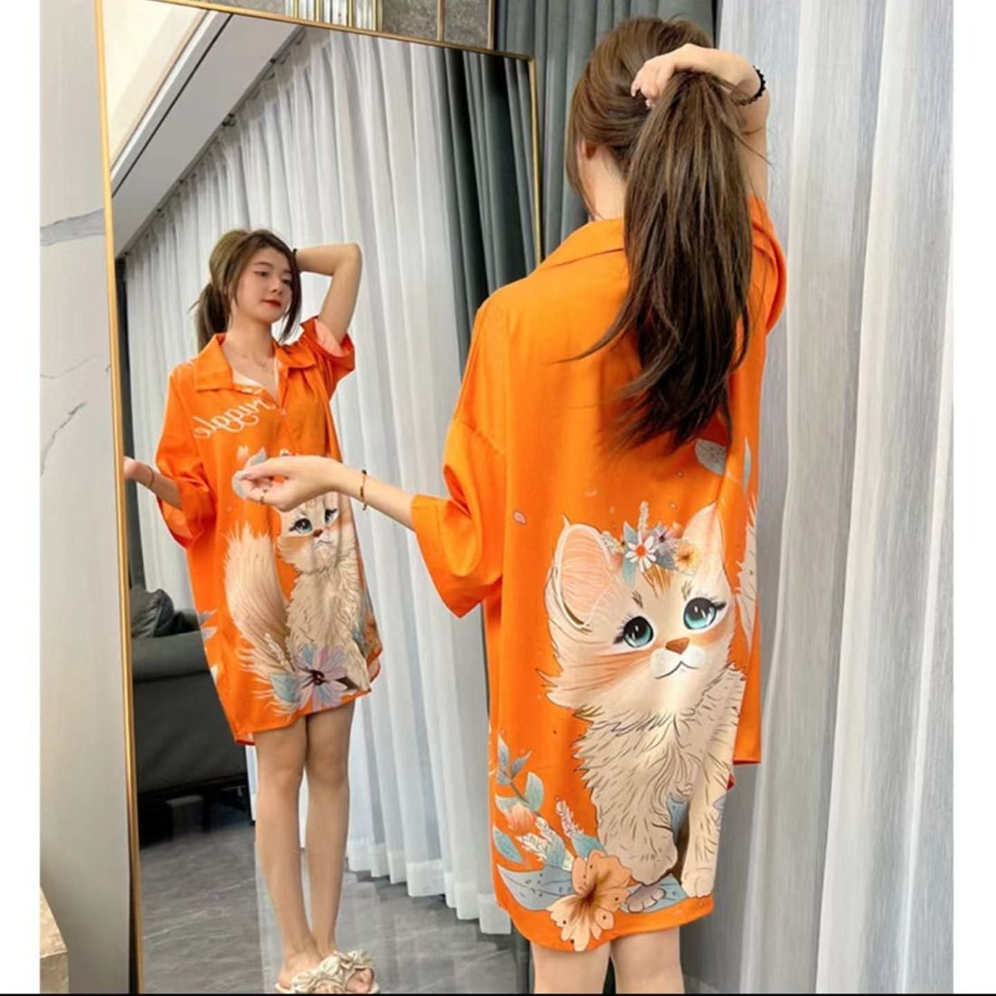 2025新款韩版冰丝猫睡裙女夏衣性感开衫睡衣高级感大码家居服套装