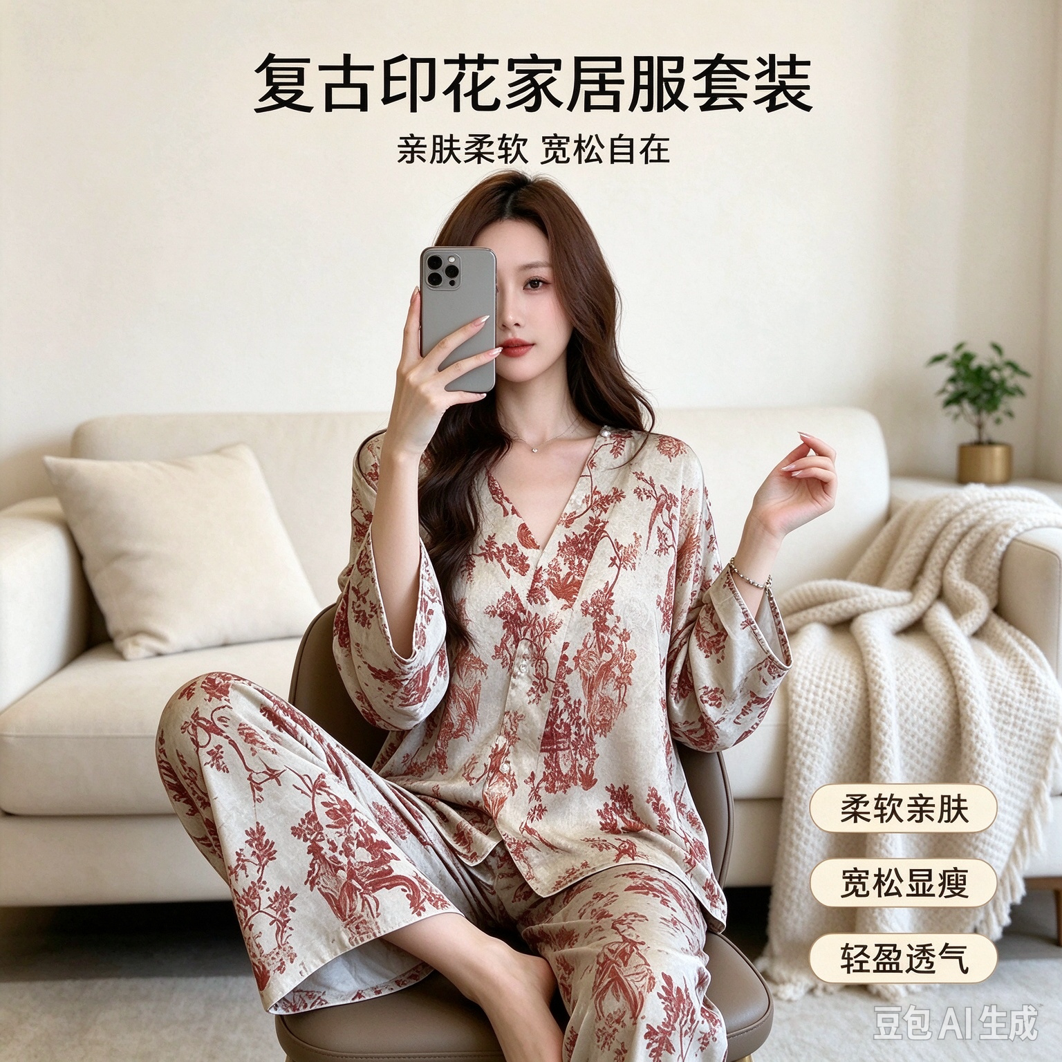 新款复古印花睡衣女秋季长袖V领家居服套装高级感冰丝透气可外穿