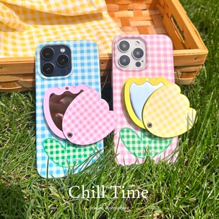 ChillTime原创春日郁金香甜美少女心磨砂软壳格纹手机壳 镜面气囊手机支架适用iphone15promax