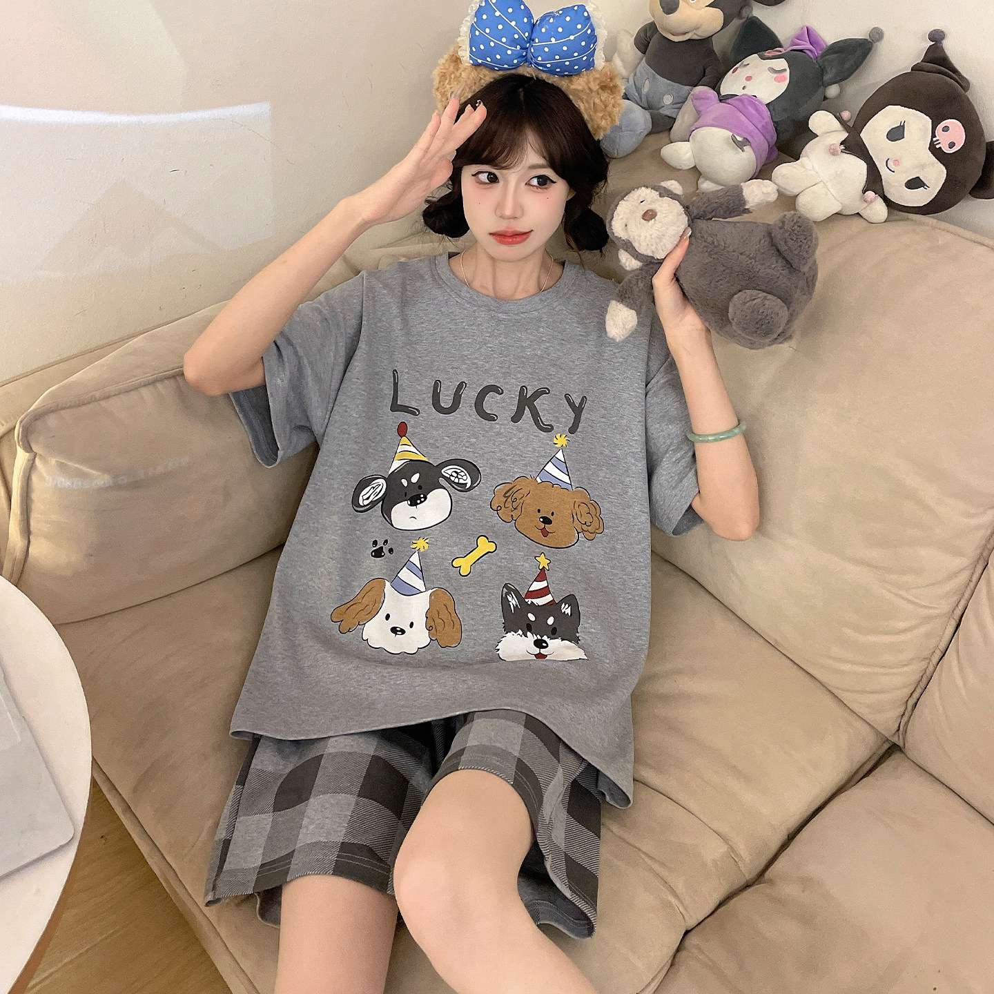 纯棉睡衣女孩可爱卡通短裤短袖初中学生大童青少年套装家居服夏季