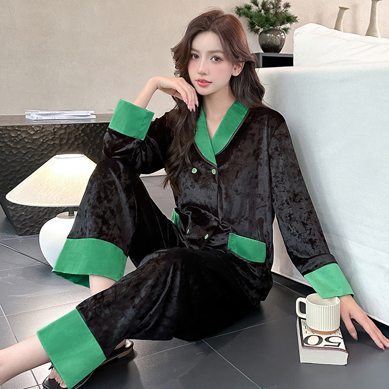 金丝绒睡衣女士长袖宽松妈妈甜美睡衣/家居服套装