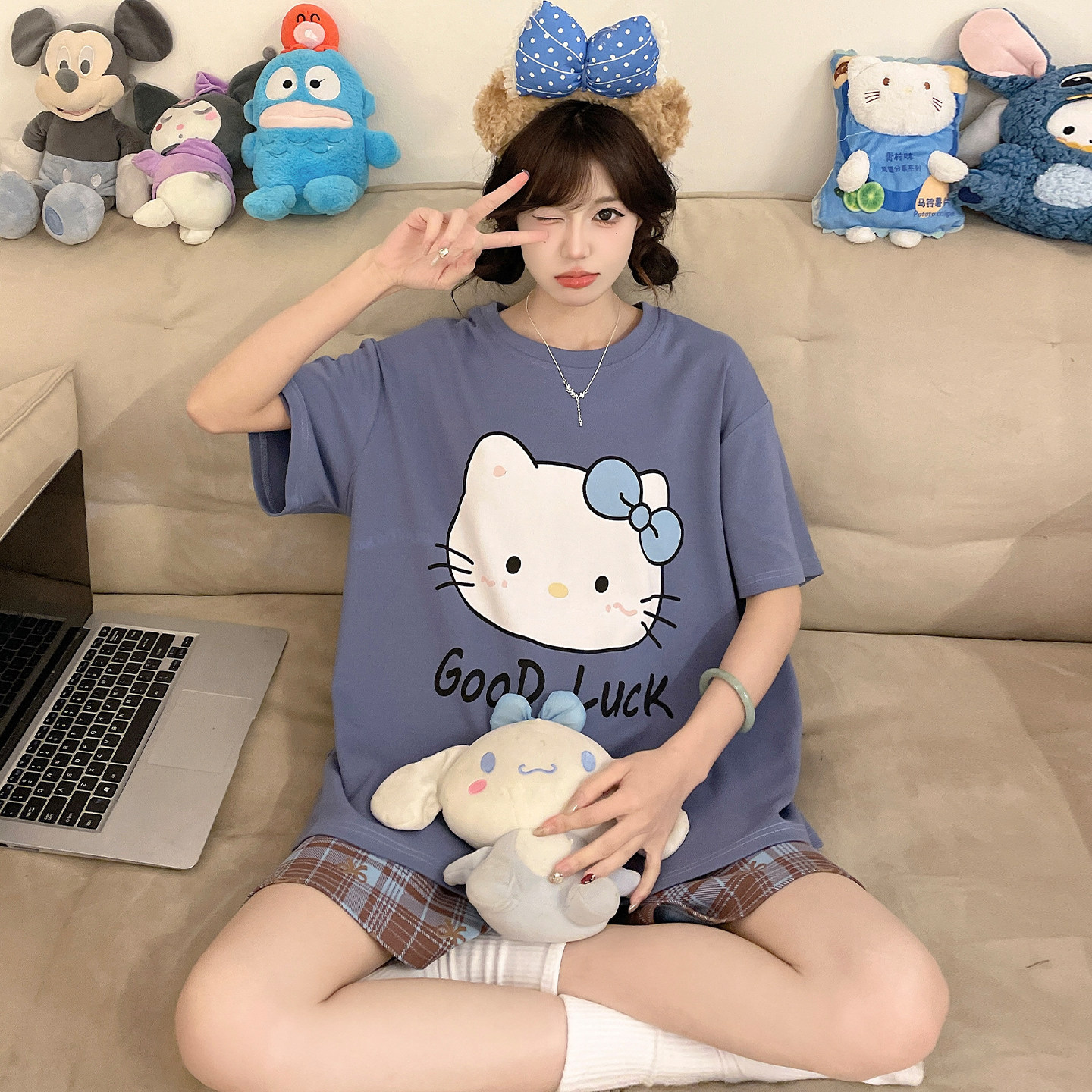 夏季纯棉睡衣女孩可爱卡通短裤短袖初中学生大童青少年套装家居服