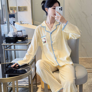 甜美卡通KT猫睡衣女款2025新款春秋云朵棉长袖长裤套装家居服薄款