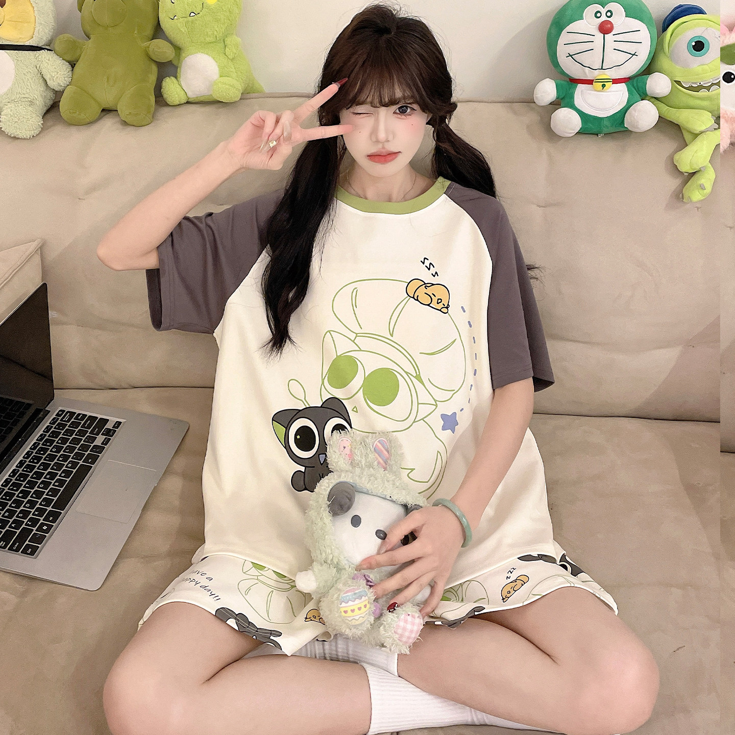 夏季青少年睡衣女孩可爱卡通短裤短袖初中学生大童纯棉家居服套装